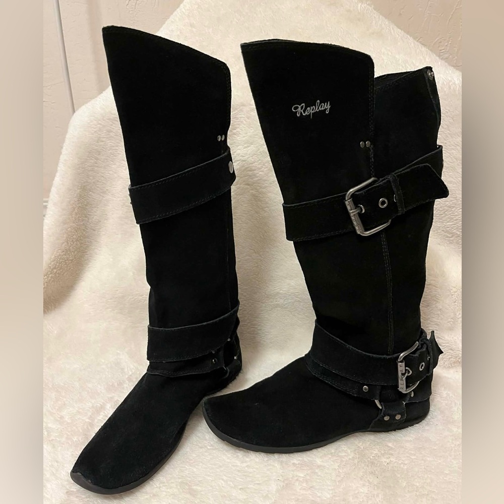 REPLAY Boots Black Suede with Buckle and Harness Women's Size 8.